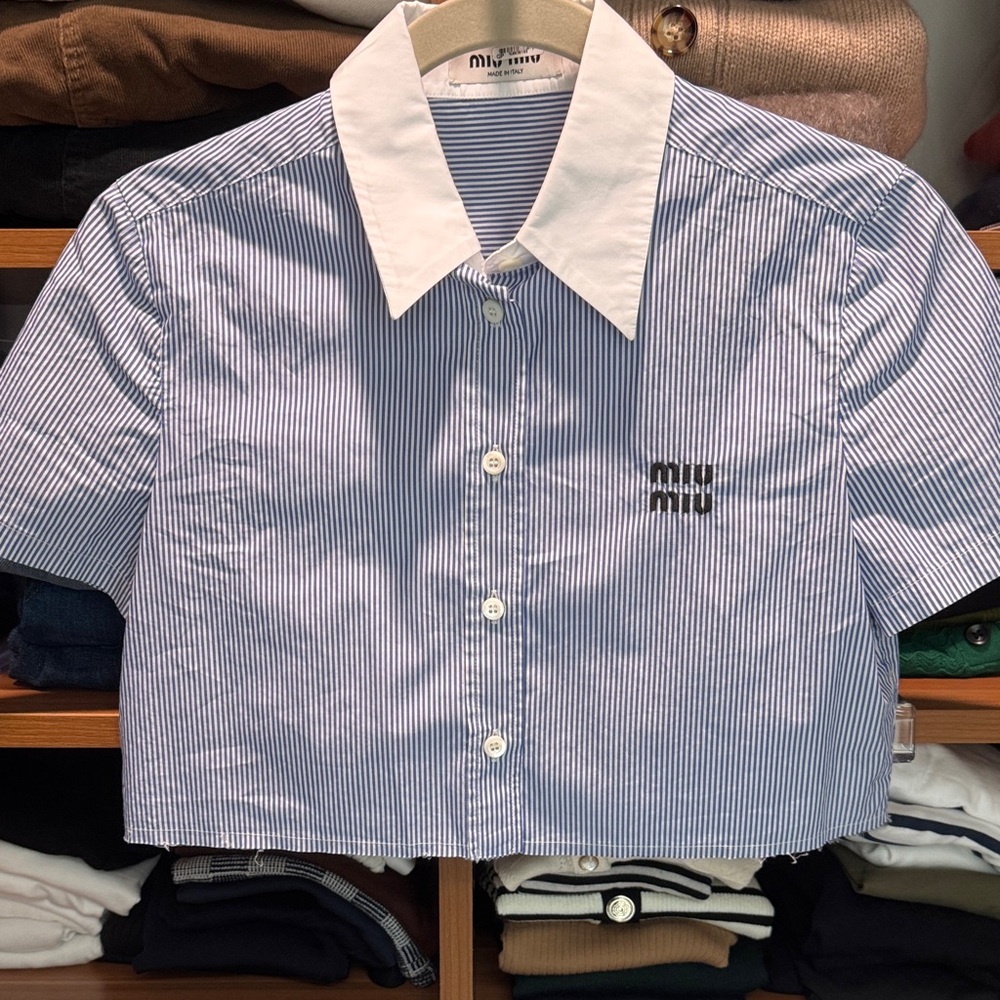 Miu Miu Kids Blue and White Striped Button Down Shirt
